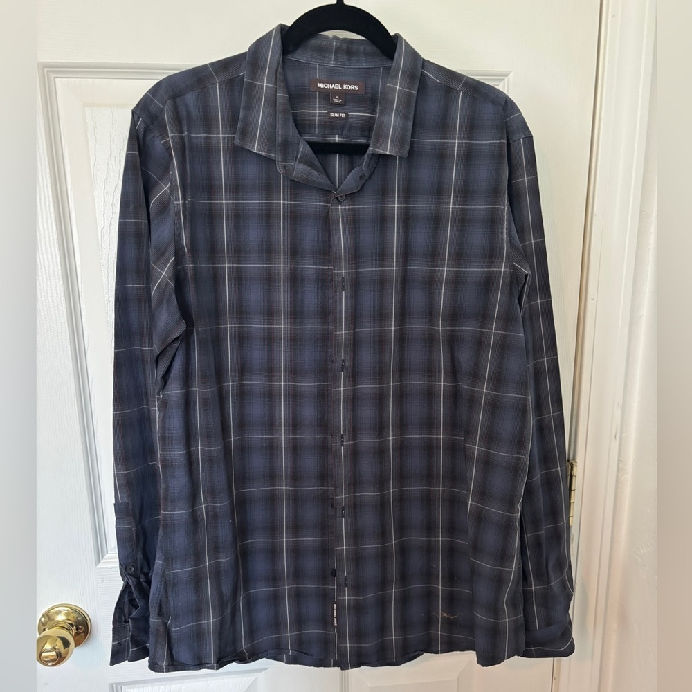 Michael Kors Slim Fit Brushed Cotton Plaid Button‎ Down Shirt Size Xl